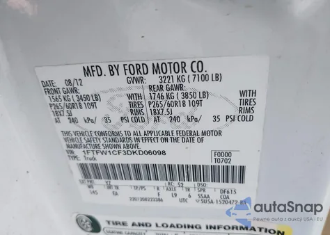 2013 Ford F-150 Lariat из США, поврежденный, VIN 1FTFW1CF3DKD06098